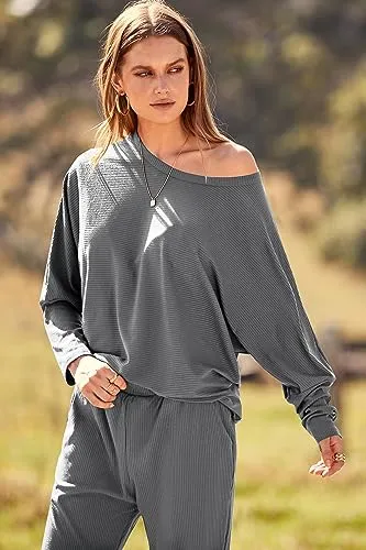 PRETTYGARDEN Women's 2023 Fall Fashion Outfits 2 Piece Sweatsuit Solid Color Long Sleeve Pullover Long Pants (Grey Blue,X-Large)