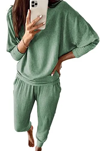 PRETTYGARDEN Women's 2023 Fall Fashion Outfits 2 Piece Sweatsuit Solid Color Long Sleeve Pullover Long Pants (Grey Blue,X-Large)