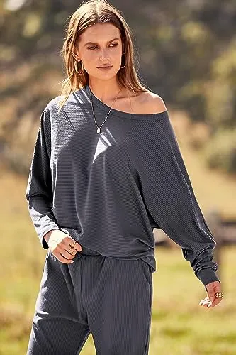 PRETTYGARDEN Women's 2023 Fall Fashion Outfits 2 Piece Sweatsuit Solid Color Long Sleeve Pullover Long Pants (Grey Blue,X-Large)