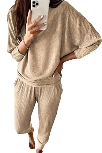 PRETTYGARDEN Women's 2023 Fall Fashion Outfits 2 Piece Sweatsuit Solid Color Long Sleeve Pullover Long Pants (Grey Blue,X-Large)