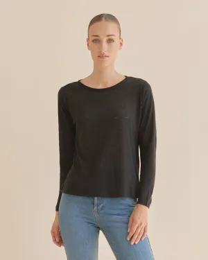 Priya Long Sleeve Linen Jersey Top - Black