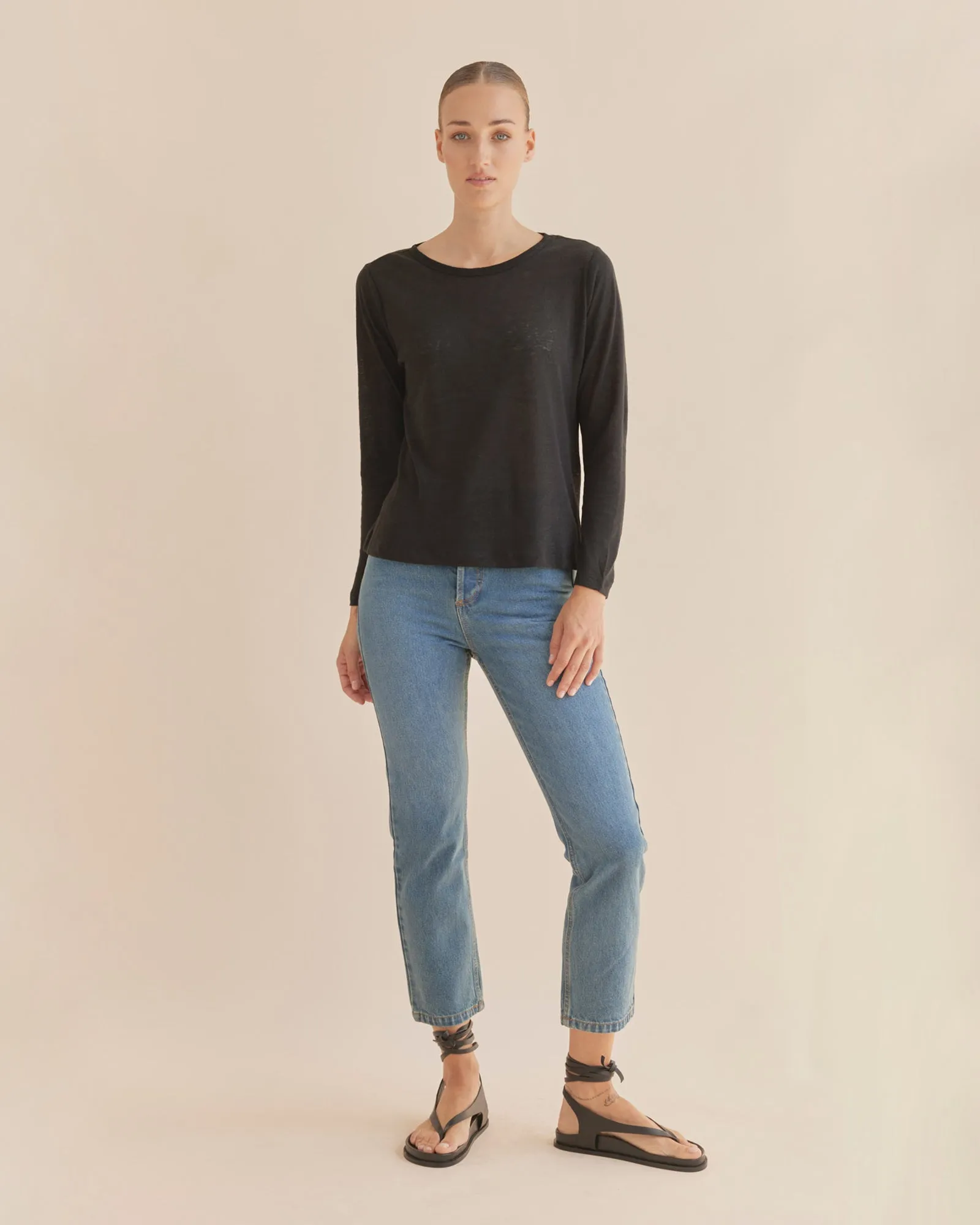 Priya Long Sleeve Linen Jersey Top - Black