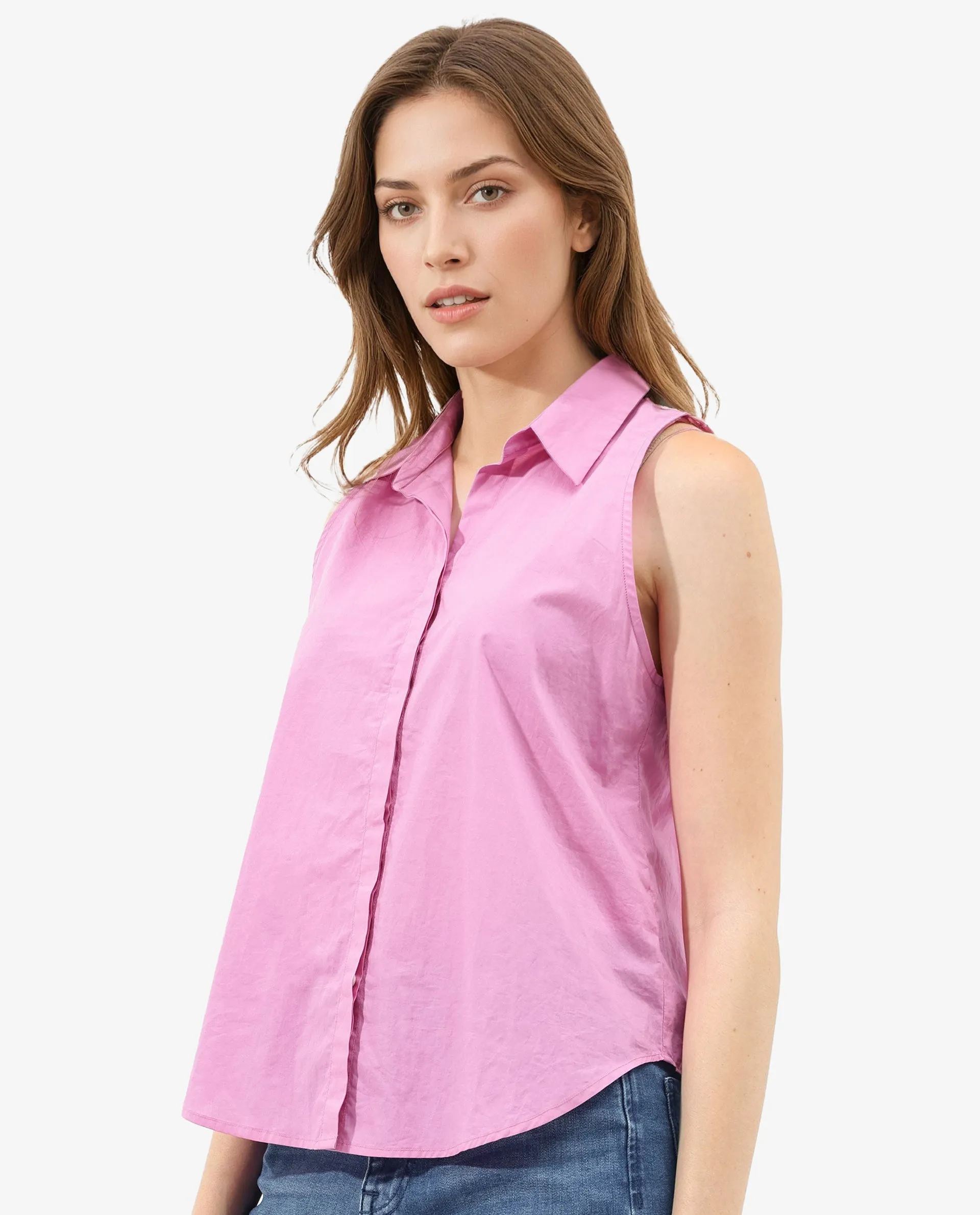 Rareism Women Blumoon Pink Cotton Fabric Sleeveless Collared Neck Button Closure Solid Regular Fit Top