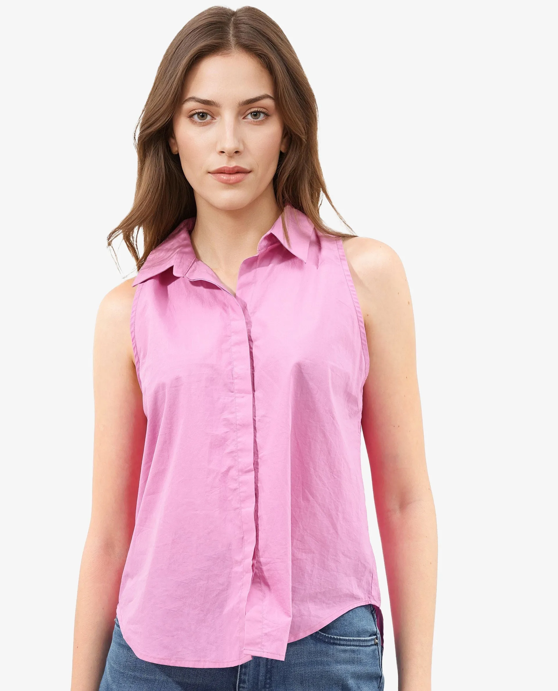 Rareism Women Blumoon Pink Cotton Fabric Sleeveless Collared Neck Button Closure Solid Regular Fit Top