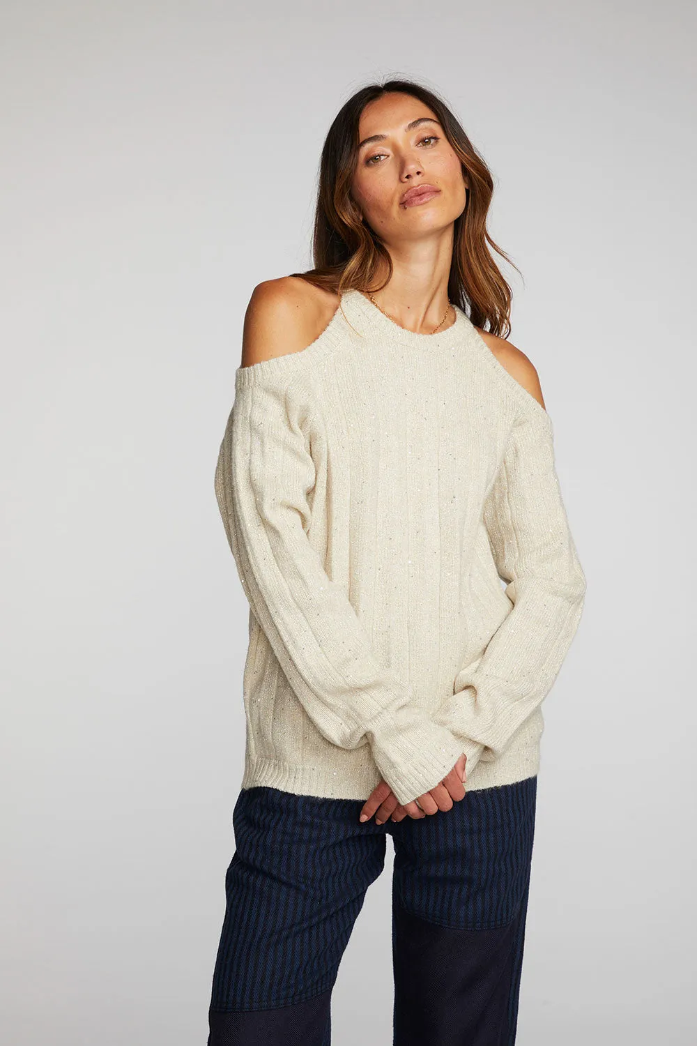 Sequin Knit Cold Shoulder Sweater