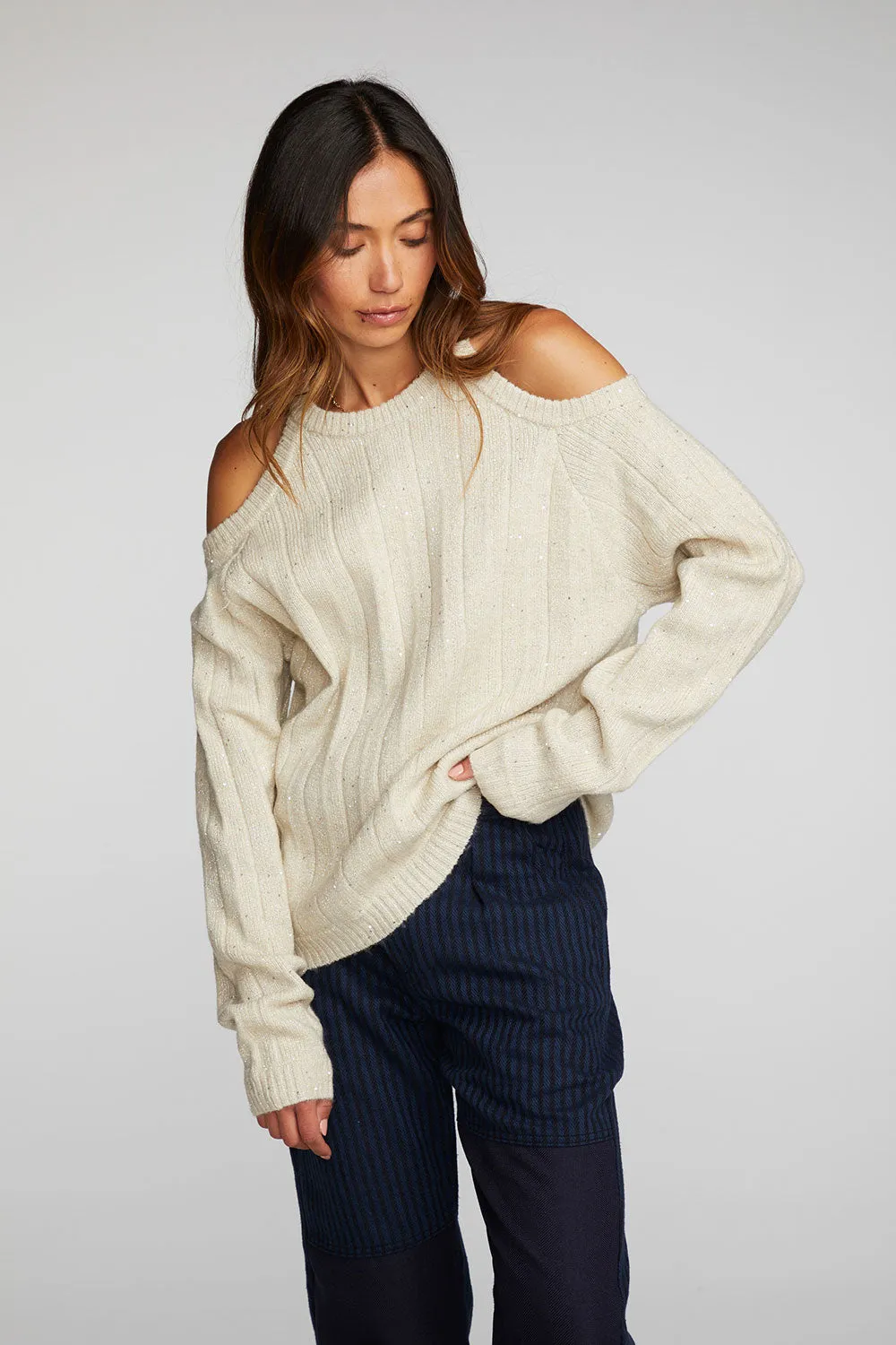 Sequin Knit Cold Shoulder Sweater