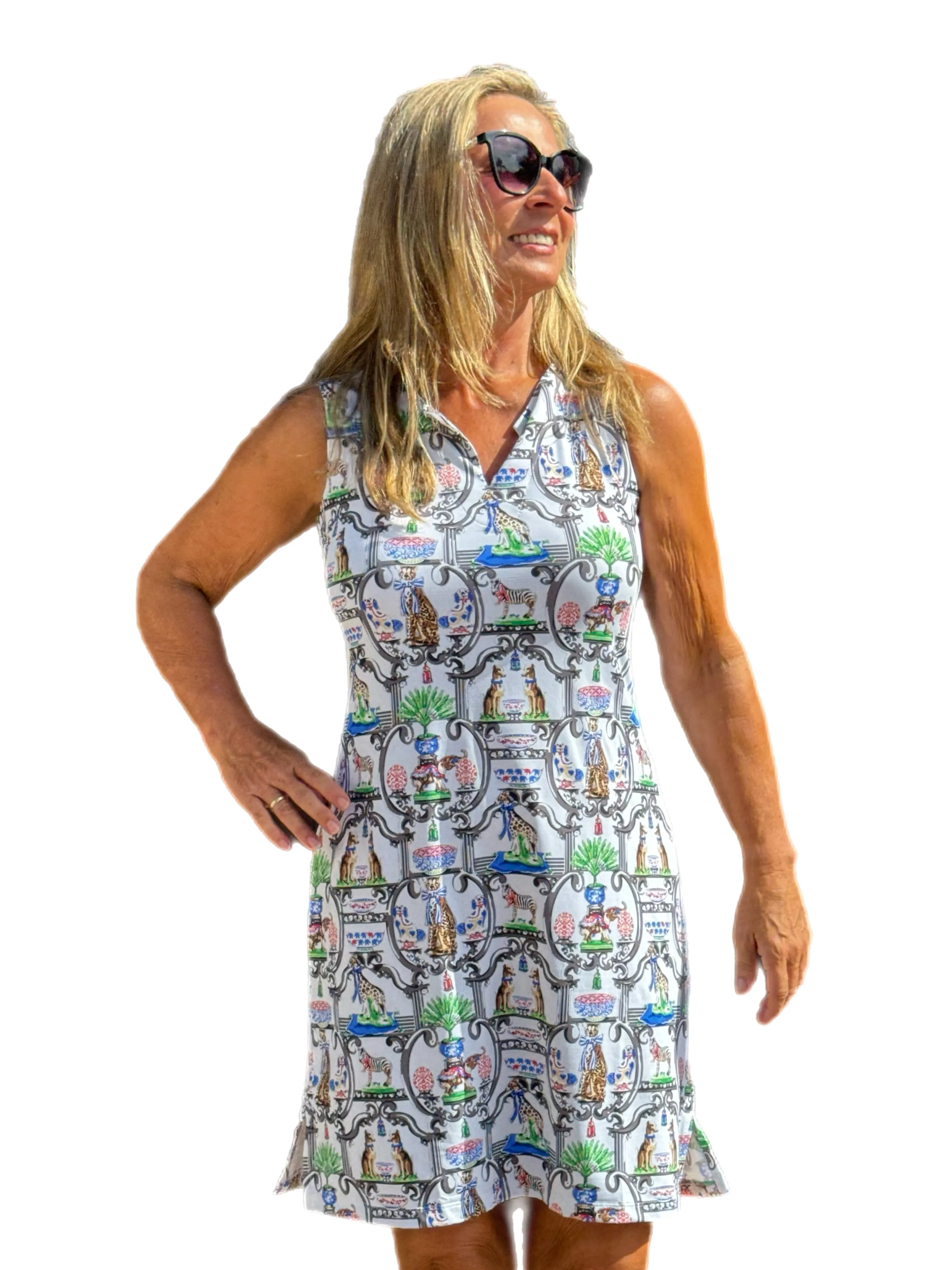 Sleeveless Shift Dress with UPF50  White Animals