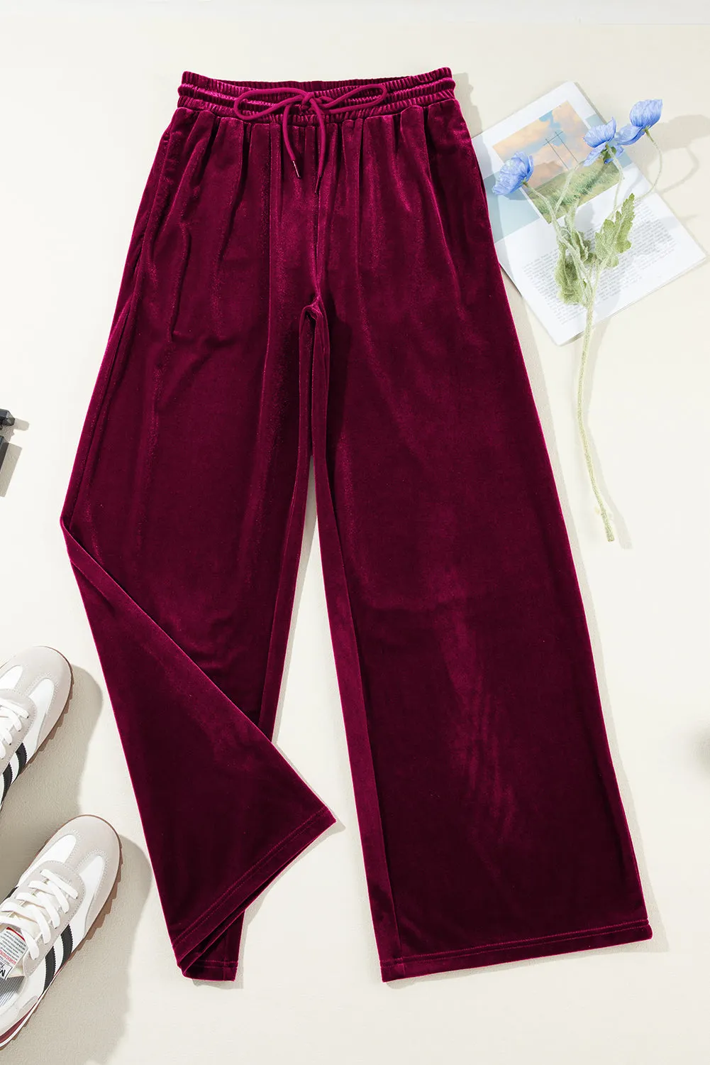 Solid Velvet Drawstring Waist Pants