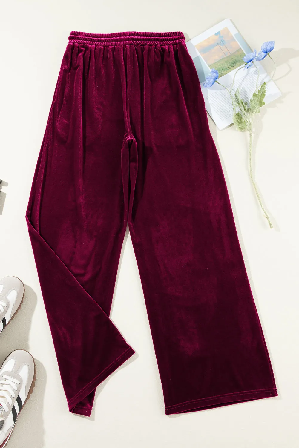 Solid Velvet Drawstring Waist Pants