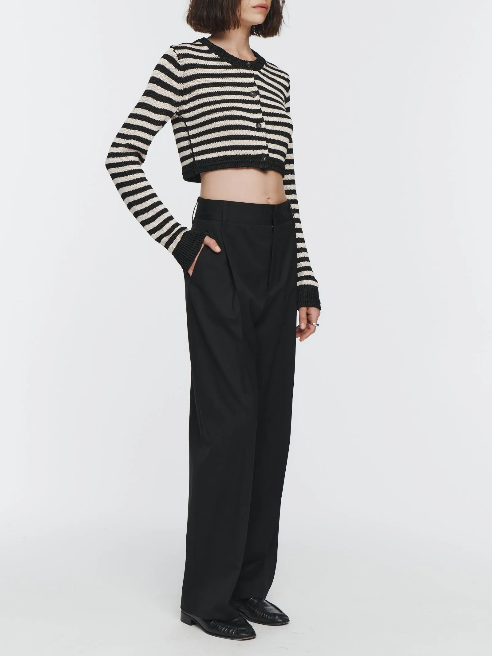 Striped Shrunken Cardigan in Black & Eggshell