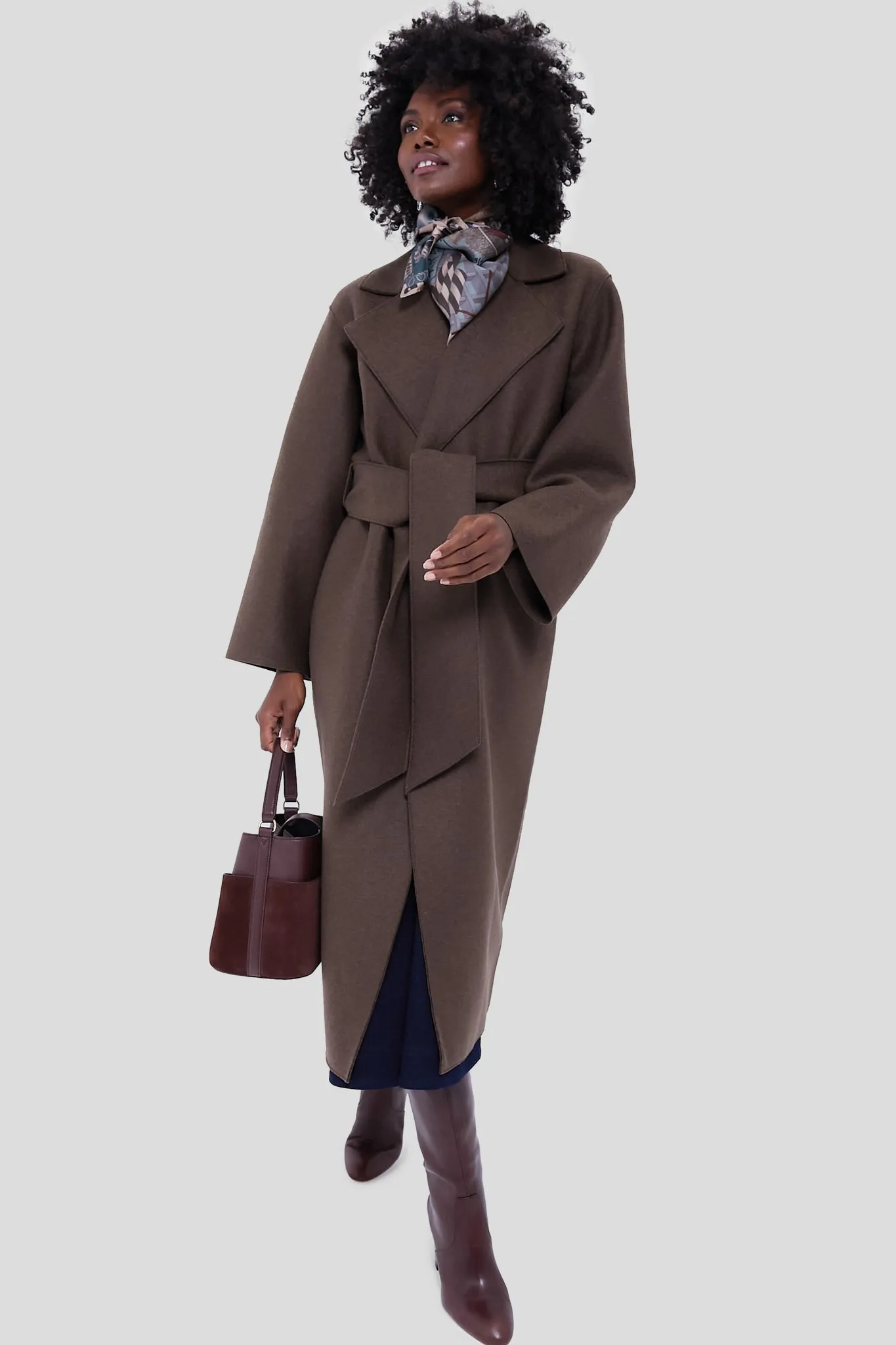 Teddy Brown Belted Clutch Pressed Wool Coat