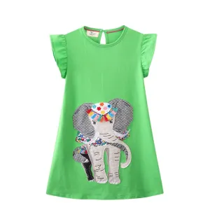 Toddler/Kid Girl's Short Sleeve Elephant Design Green Dress