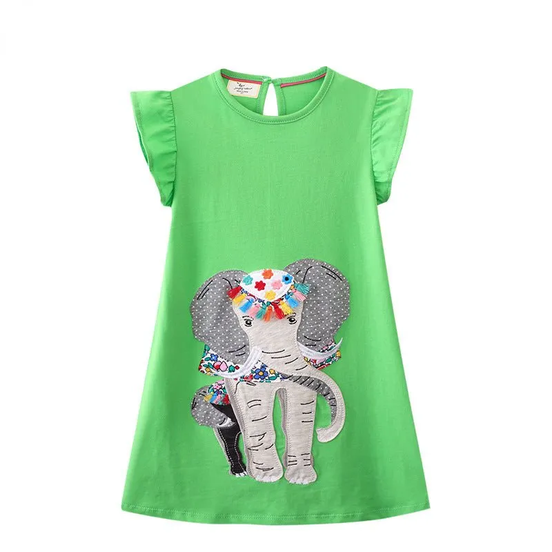 Toddler/Kid Girl's Short Sleeve Elephant Design Green Dress