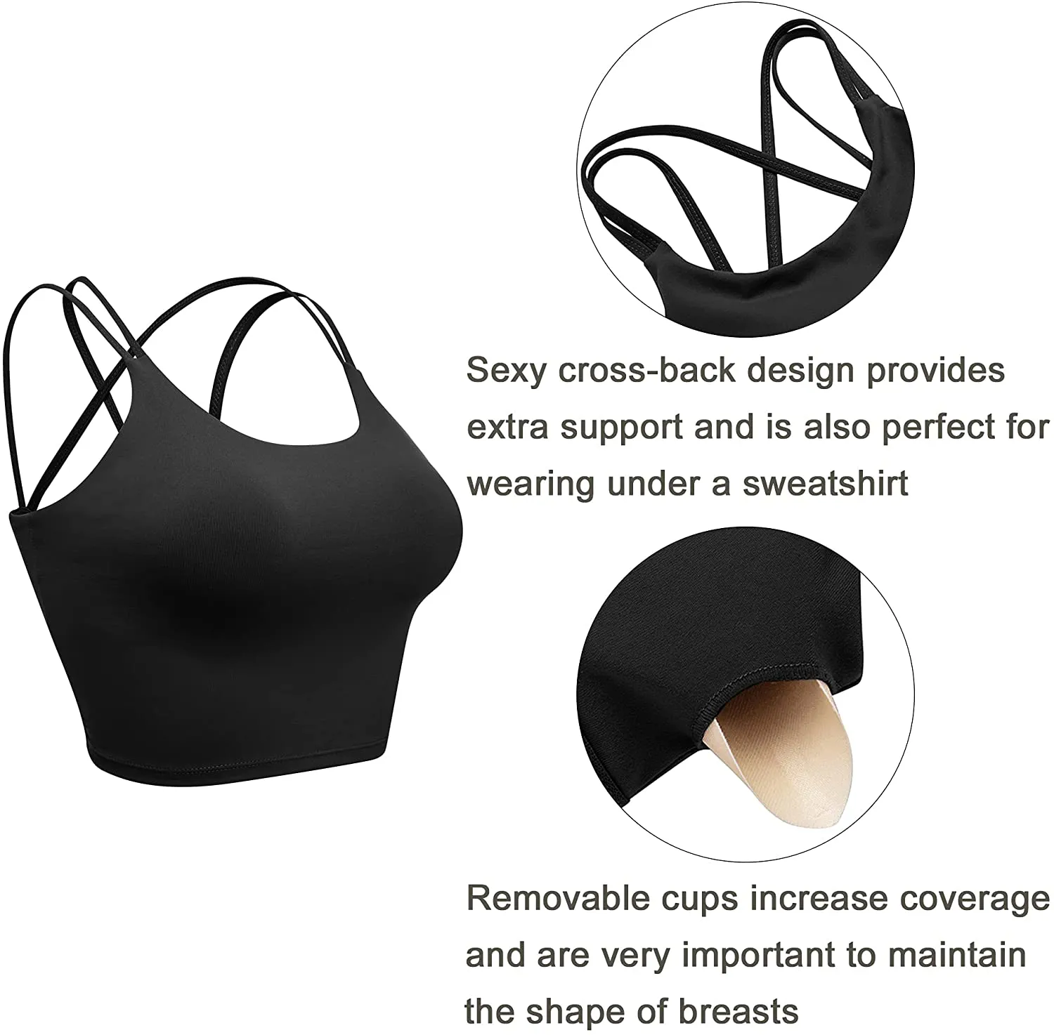 Vorcy Womens Padded Sports Bra Fitness Workout Running Camisole Crop Top with Built in Bra