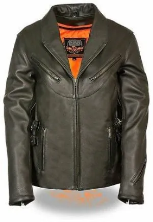 WOMEN'S BLACK MOTORCYCLE LEATHER UPDATED VENTED JACKET W/SIDE BUCKLE COWHIDE