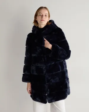 Women's Long Rex Hooded Coat Dark Navy Blue