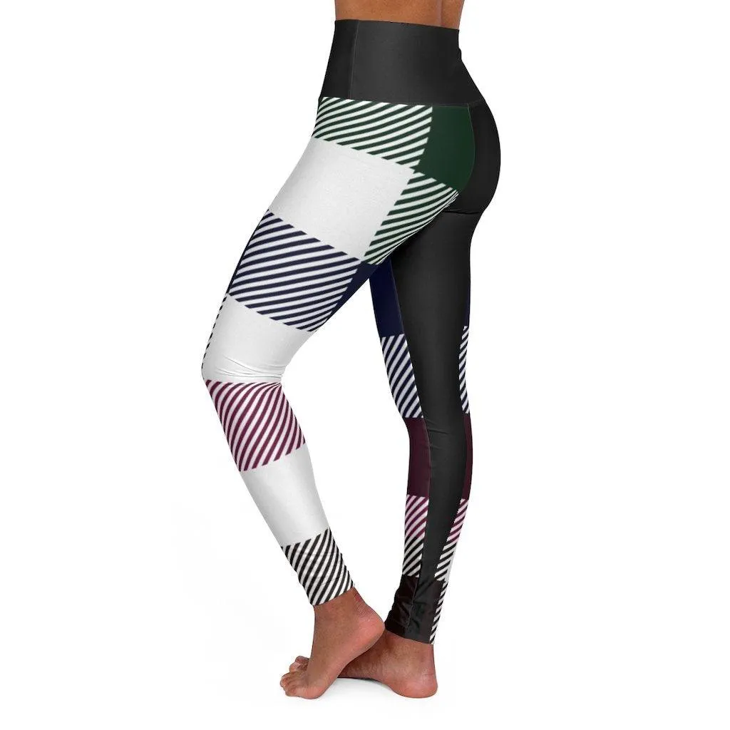 Women's Yoga Pants, Black Multicolor Plaid Print High Waist Fitness