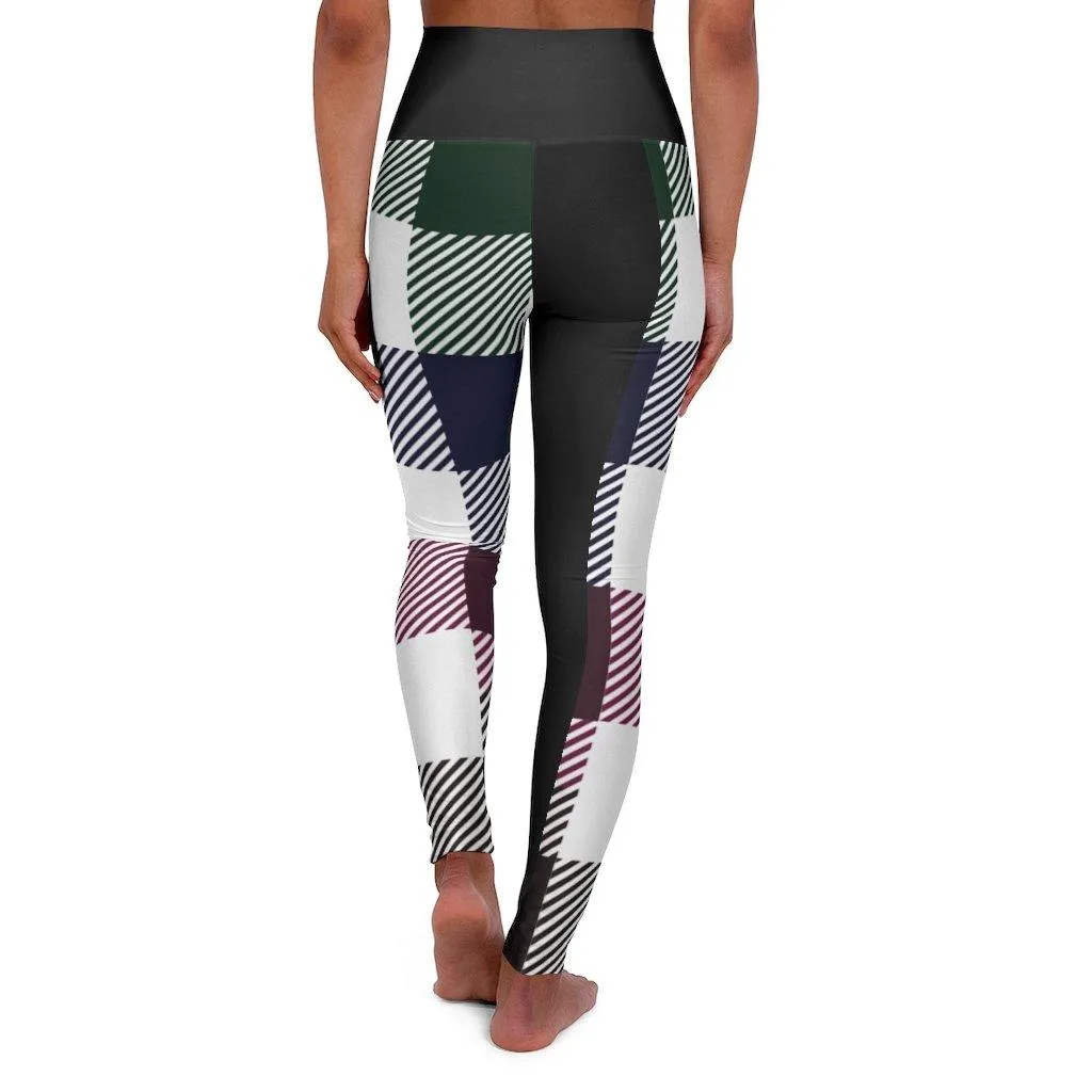 Women's Yoga Pants, Black Multicolor Plaid Print High Waist Fitness