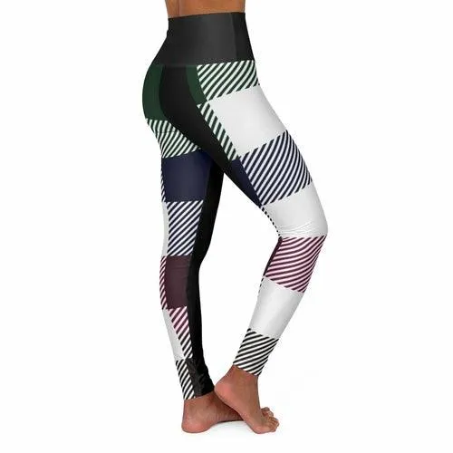 Women's Yoga Pants, Black Multicolor Plaid Print High Waist Fitness