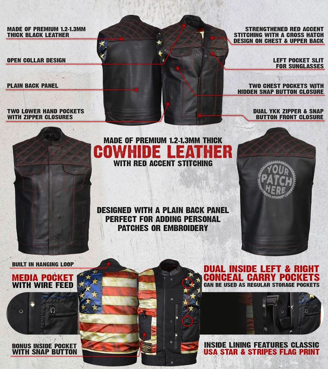 Xelement ‘Gold Series’ XS13002 Men's 'Stars and Stripes’ Black Leather Motorcycle Vest with USA Flag Liner