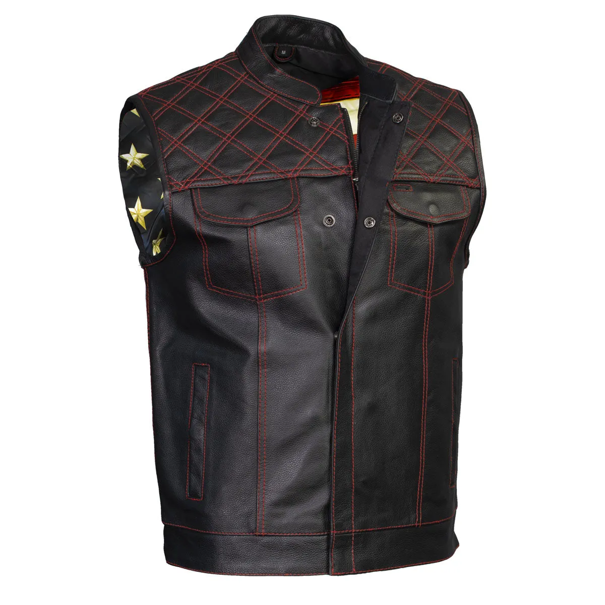 Xelement ‘Gold Series’ XS13002 Men's 'Stars and Stripes’ Black Leather Motorcycle Vest with USA Flag Liner