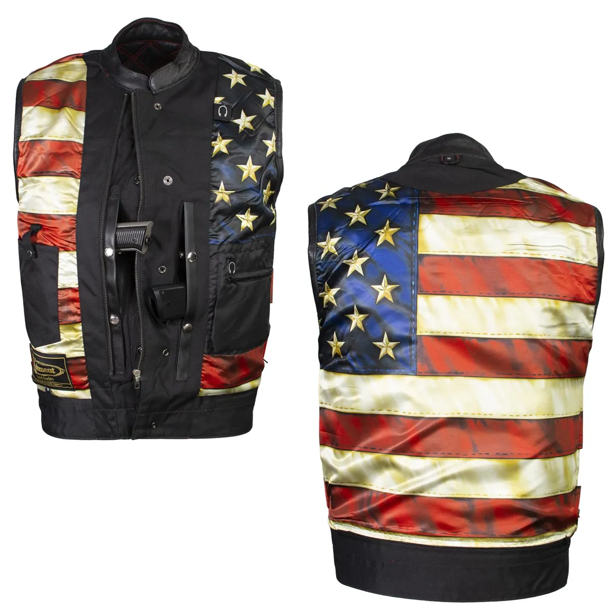 Xelement ‘Gold Series’ XS13002 Men's 'Stars and Stripes’ Black Leather Motorcycle Vest with USA Flag Liner