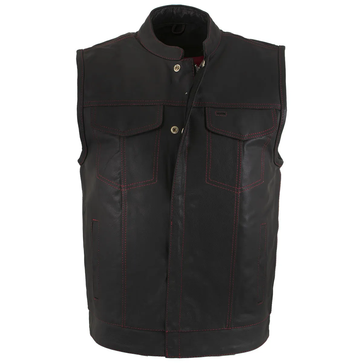 Xelement XS6665 Men's 'Old Glory' Black Leather Motorcycle Vest w/ Red Stitching and USA Inside Flag Lining